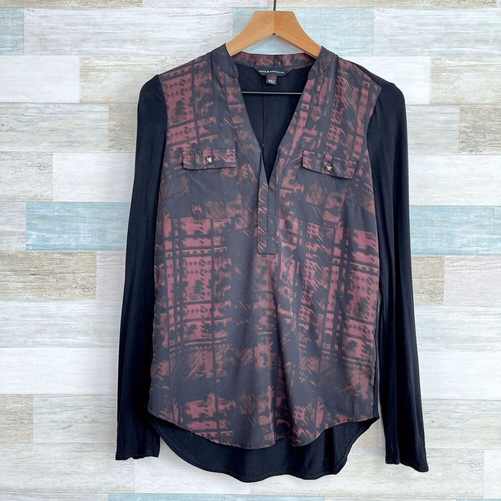 Rock & Republic Mixed Media Popover Shirt Brown Black Roll Tab Sleeve Womens XS